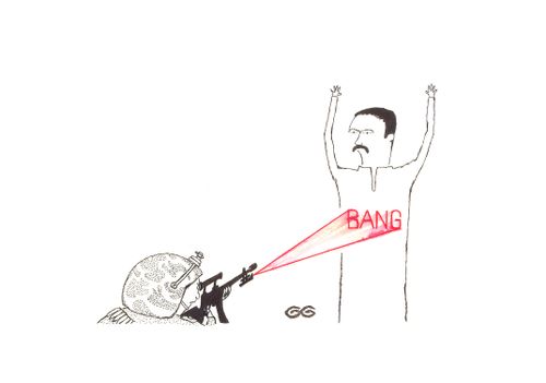 Laser on rifle spelling out 'bang'.