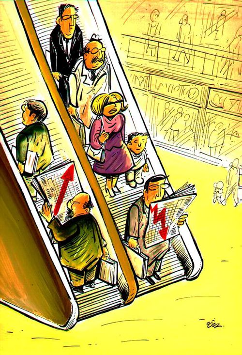 Men on escalators reading newspapers, shares are going up on the up escalator and down on the down escalator.