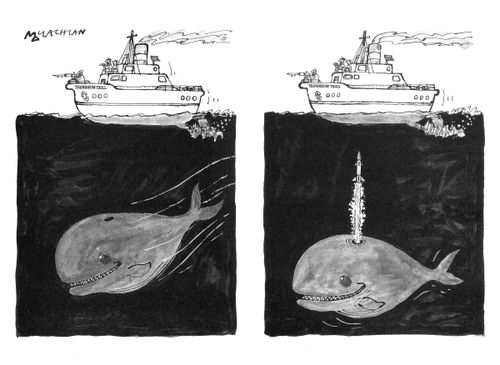 Whale shoots rocket at whaling boat.