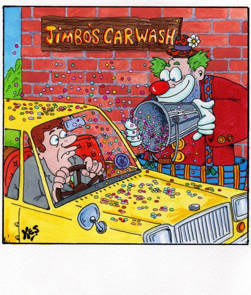 Clown throws a bucket of confetti over car at 'Jimbo's carwash'.