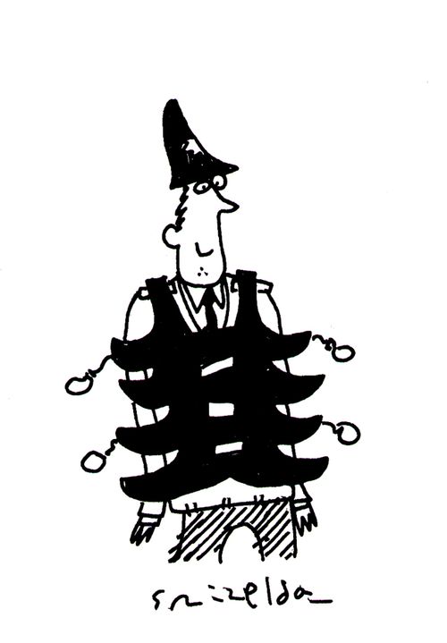 Policeman in festive stab-proof vest.