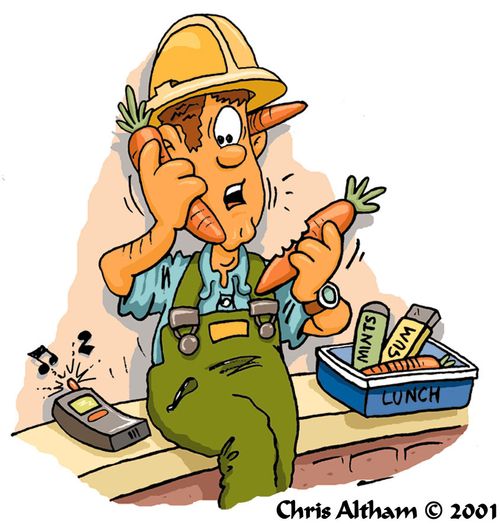 Builder picks up carrot instead of mobile phone