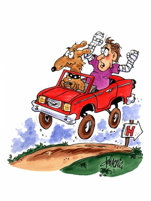 A dog drives a car while a man has two broken arms.