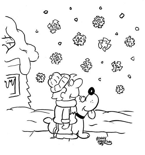 Boy and dog see recycling symbol with falling snowflakes.