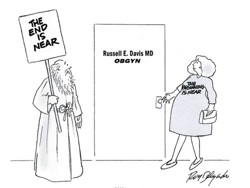 Man holding sign reading, 'The End is Near' meets pregnant woman wearing a T-shirt saying, 'The Beginning is Near.'