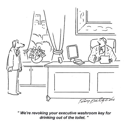 'We're revoking your executive washroom key for drinking out of the toilet.'