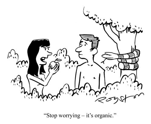 Eve prepares to eat apple, telling Adam: 'Stop worrying, it's organic.'