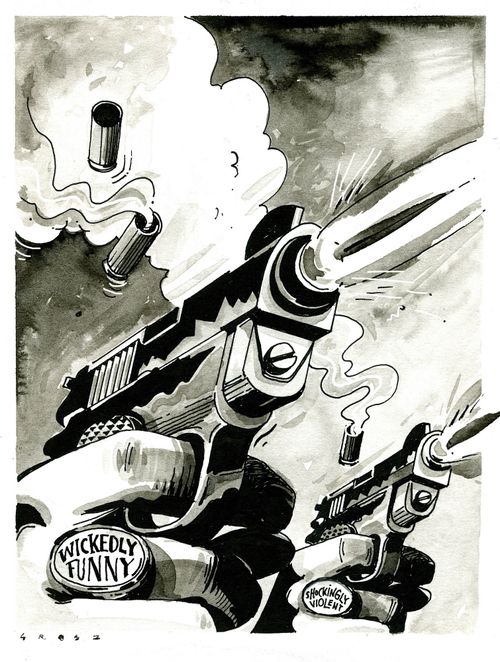 Hand shooting guns wearing rings reading 'Wickedly funny' and 'Shockingly violent'.