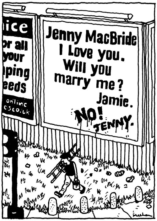 Advertising hoarding proposing marriage (which is rejected).