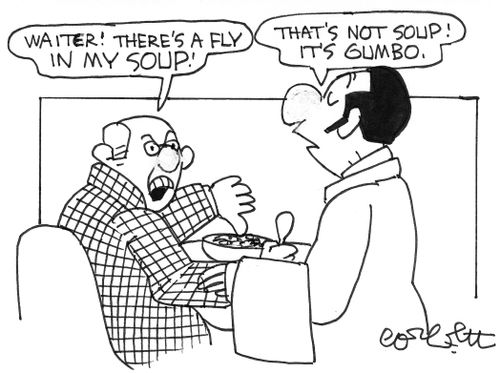 'Waiter!  There's a fly in my soup!'   'That's not soup!  It's gumbo.'