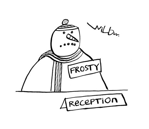 Snowman named Frosty manning the Reception.