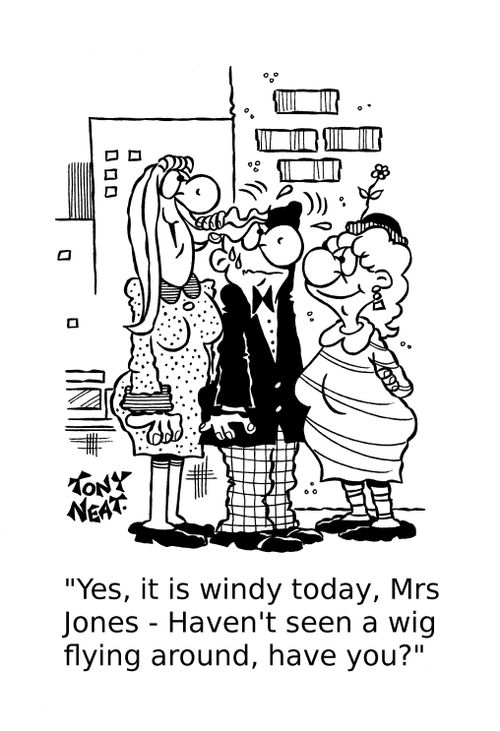 'Yes, it is windy today, Mrs Jones - Haven't seen a wig flying around, have you?'