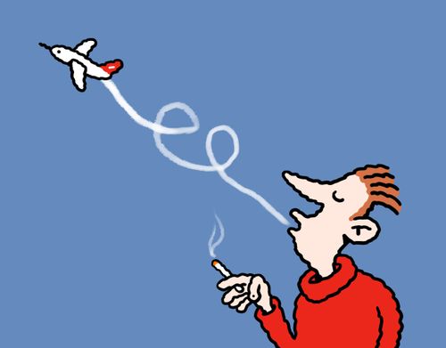 A smoker's smoke turns into the contrail of a plane.