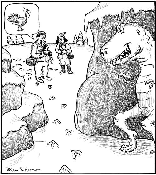 Dinosaur stalking bird watchers.