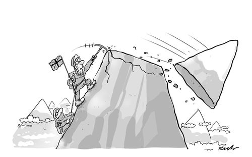 Mountaineer accidentally knocks off the peak of a mountain.