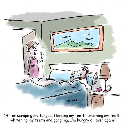 'After scraping my tongue, flossing my teeth, brushing my teeth, whitening my teeth and gargling, I'm hungry all over again!'