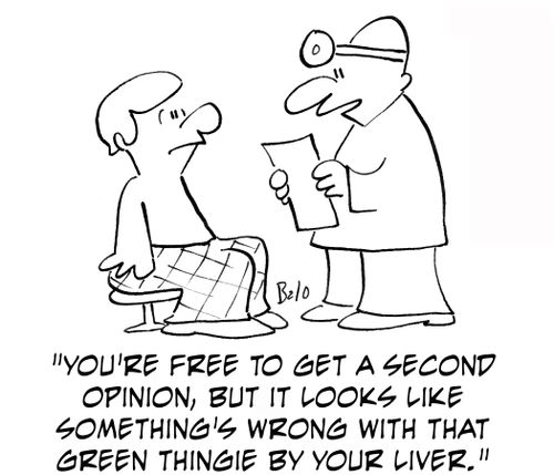 'You're free to get a second opinion, but it looks like something's wrong with that green thingie by your liver.'