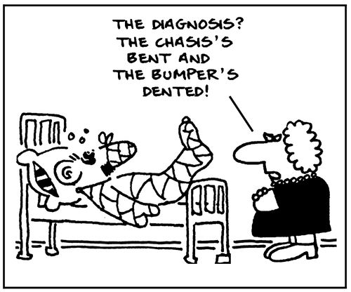 The diagnosis? The chasis's bent and the bumper's dented!