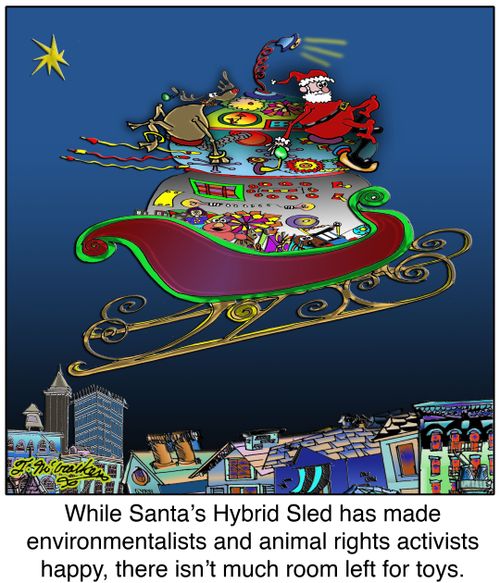While Santa's Hybrid Sled has made environmentalists and animal rights activists happy, there isn't much room left for toys.