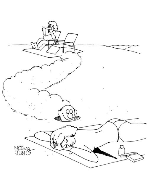 Husband burrows under sand to get a closer look at woman sunbathing topless at the beach.