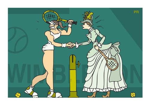 Unfair tennis winner shake hands with victorian style dressed opponent.