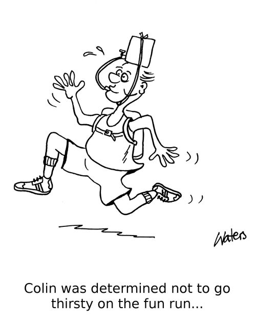 Colin was determined not to go thirsty on the fun run,,,