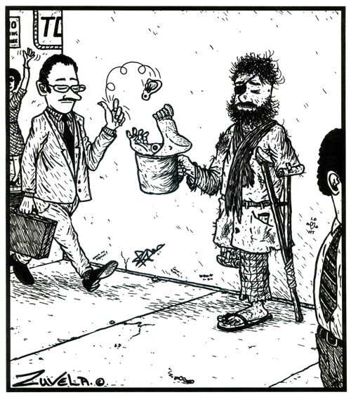 Amputee panhandling for limbs. 