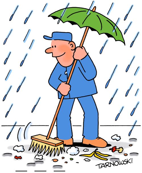 Street sweeper with an umbrella on his broom.