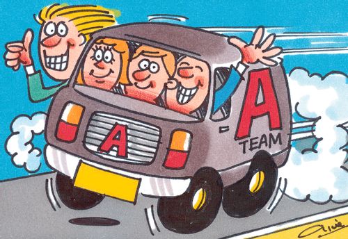 Team of happy men and women in an 'A Team' van