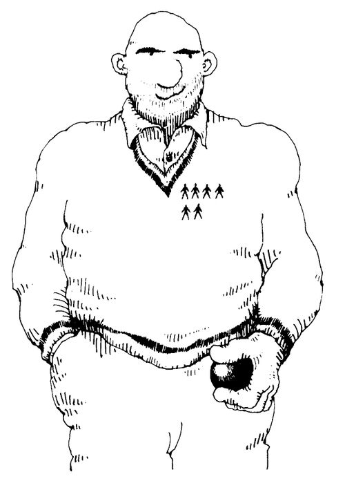 Butch bowler with a tally chart of men on his jumper