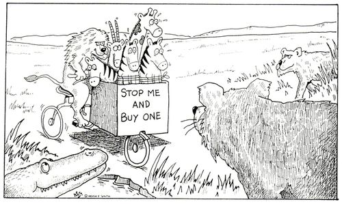 Lion sells prey from 'Stop me and buy one' cart to other predators.