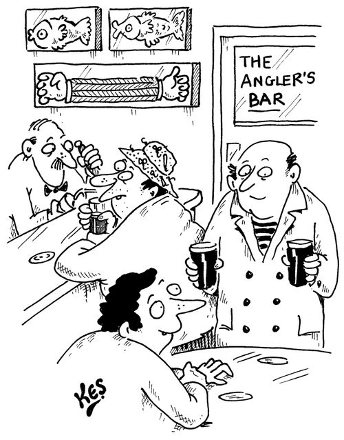 Pair of outstretched arms are stuffed and mounted on the wall of 'The Angler's Bar'.