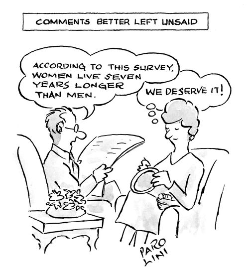 Comments better left unsaid: Husband - 'According to this survey, women live seven years longer than men.' Wife thinks 'We deserve it!'