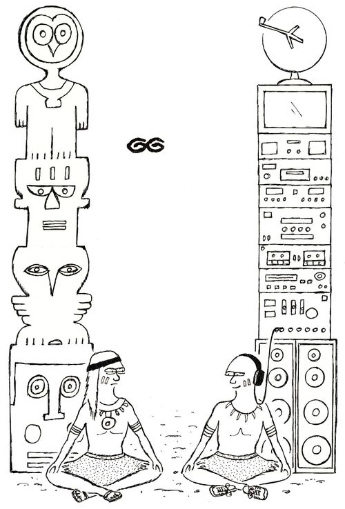 Old native American with totem pole / young native American with hi-fi stack.  