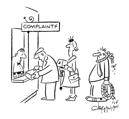 A man is in a complaints queue to complain about a noose. 