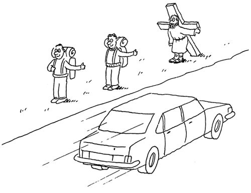 Jesus hitch-hiking with his cross.