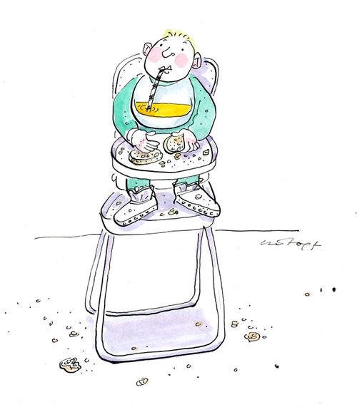 Baby with straw to eat out of bib.
