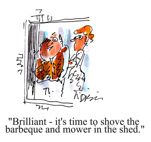 'Brilliant - it's time to shove the barbeque and mower in the shed.'
