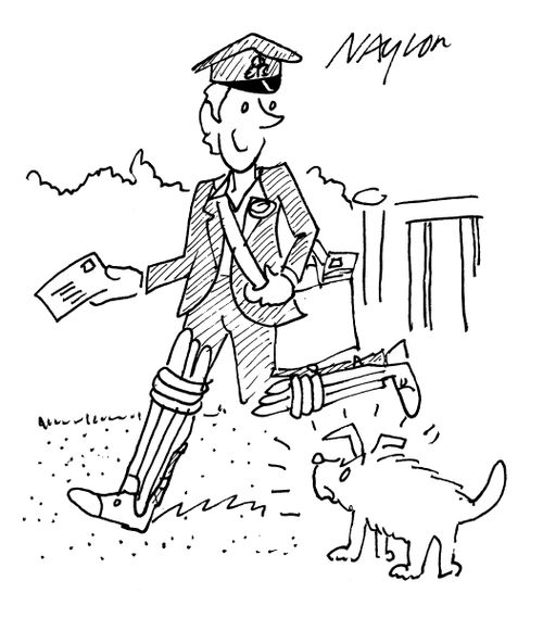 Postman wearing protective shin pads.