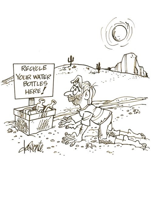 Man In a desert see a bin with a sign: 'Recycle Your Water Bottles Here!