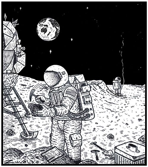 An Astronaut on the Moon, peeing in the background