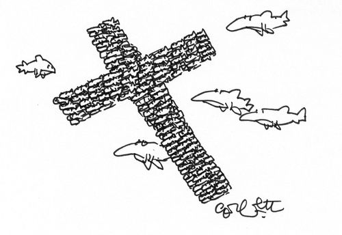 Fish swim in shape of a cross.
