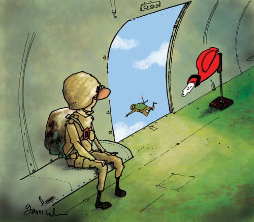 Parachutist in plane with ticket machine.