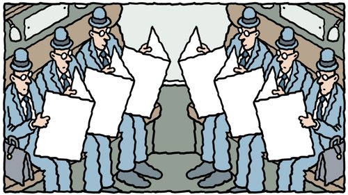 Commuters in train compartment reading newspapers.