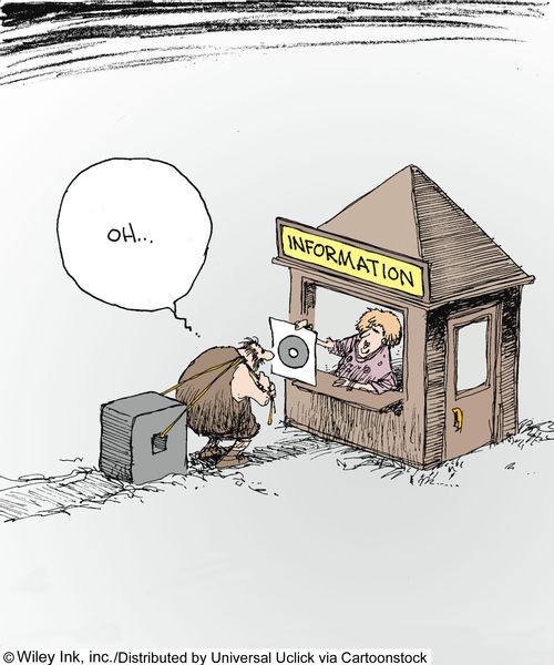 Cavemen is told about the wheel from an information booth.