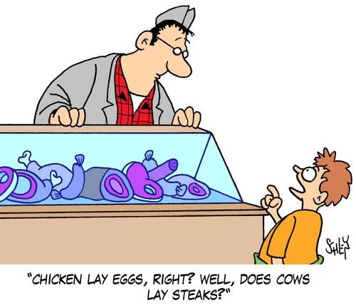 'Chicken lay eggs, right? Well, does cows lay steaks?'
