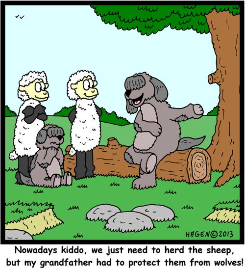 'Nowadays kiddo, we just need to herd the sheep, but my grandfather had to protect them from wolves!'