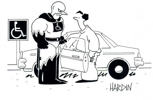 Super hero enforces handicapped parking law.