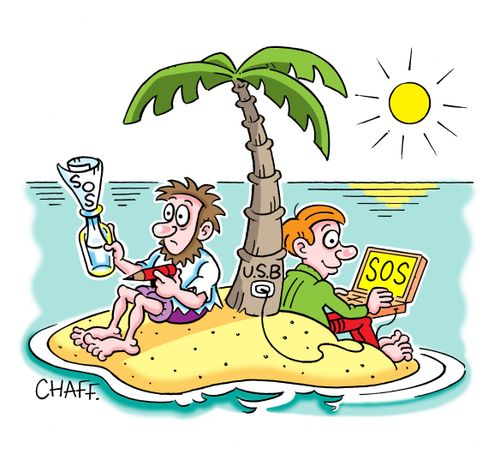 Desert Island Castaway sends an SOS with a Laptop Computer.