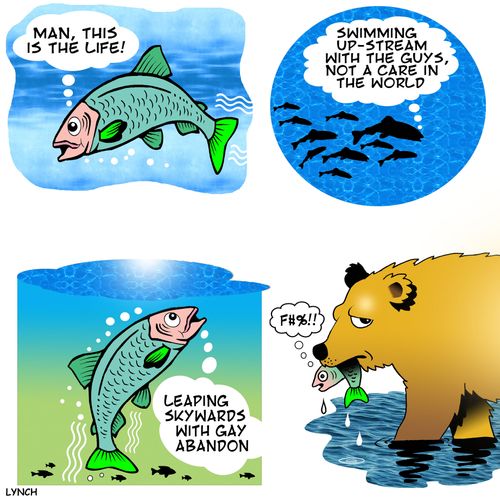 'Man, this is the life!...Swimming up-stream with the guys, not a care in the world...leaping skywards with gay abandon...FH%!!'